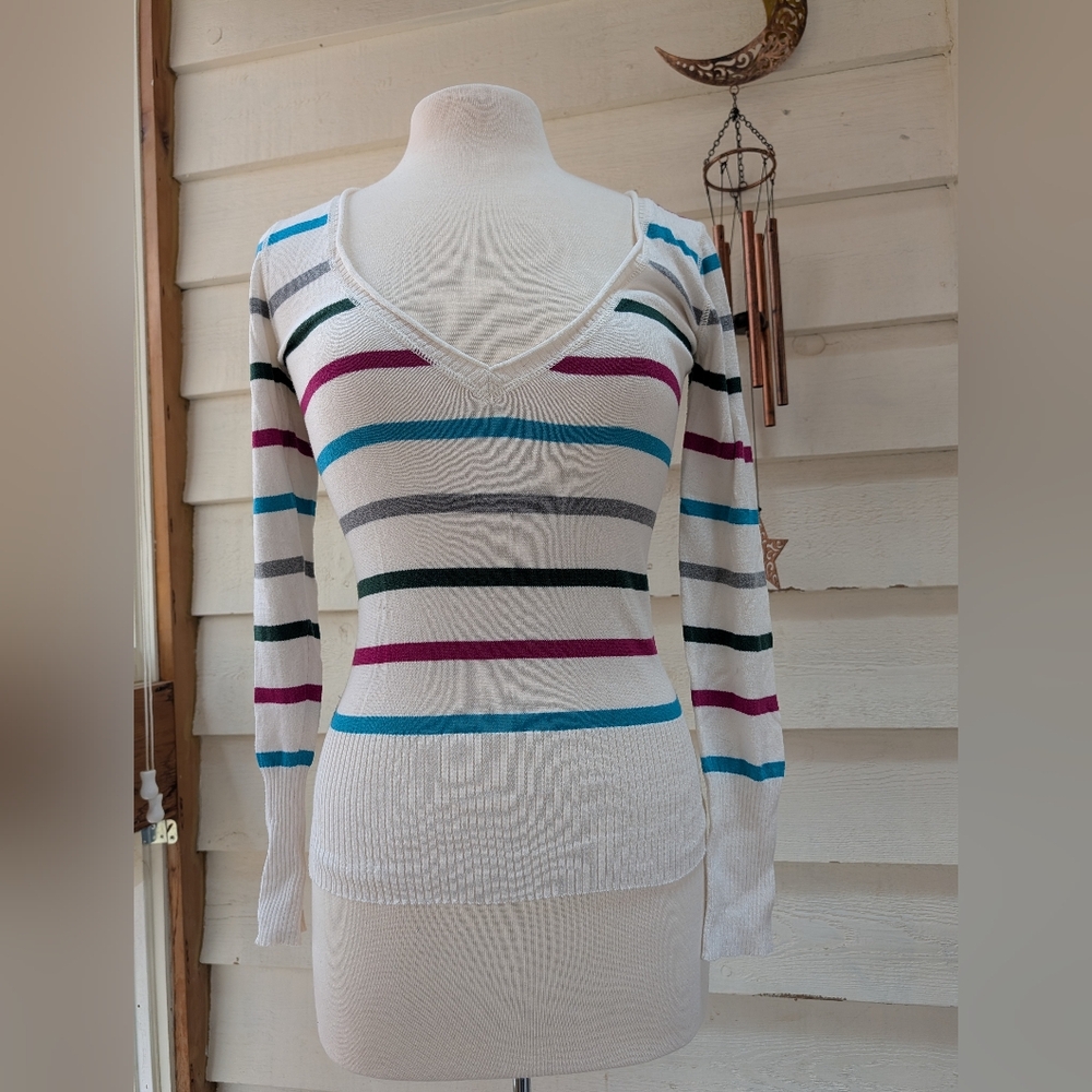 Y2K SO White Long Sleeve Deep V-Neck With Stripes Junior's Size Small